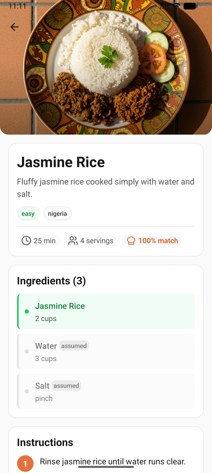 Recipe details screen with step-by-step instructions